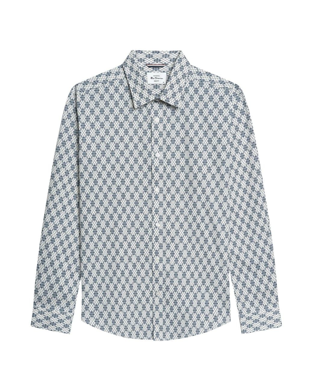 Ben Sherman Gray Long Sleeve Linear Geo Print Shirt In Off White for men