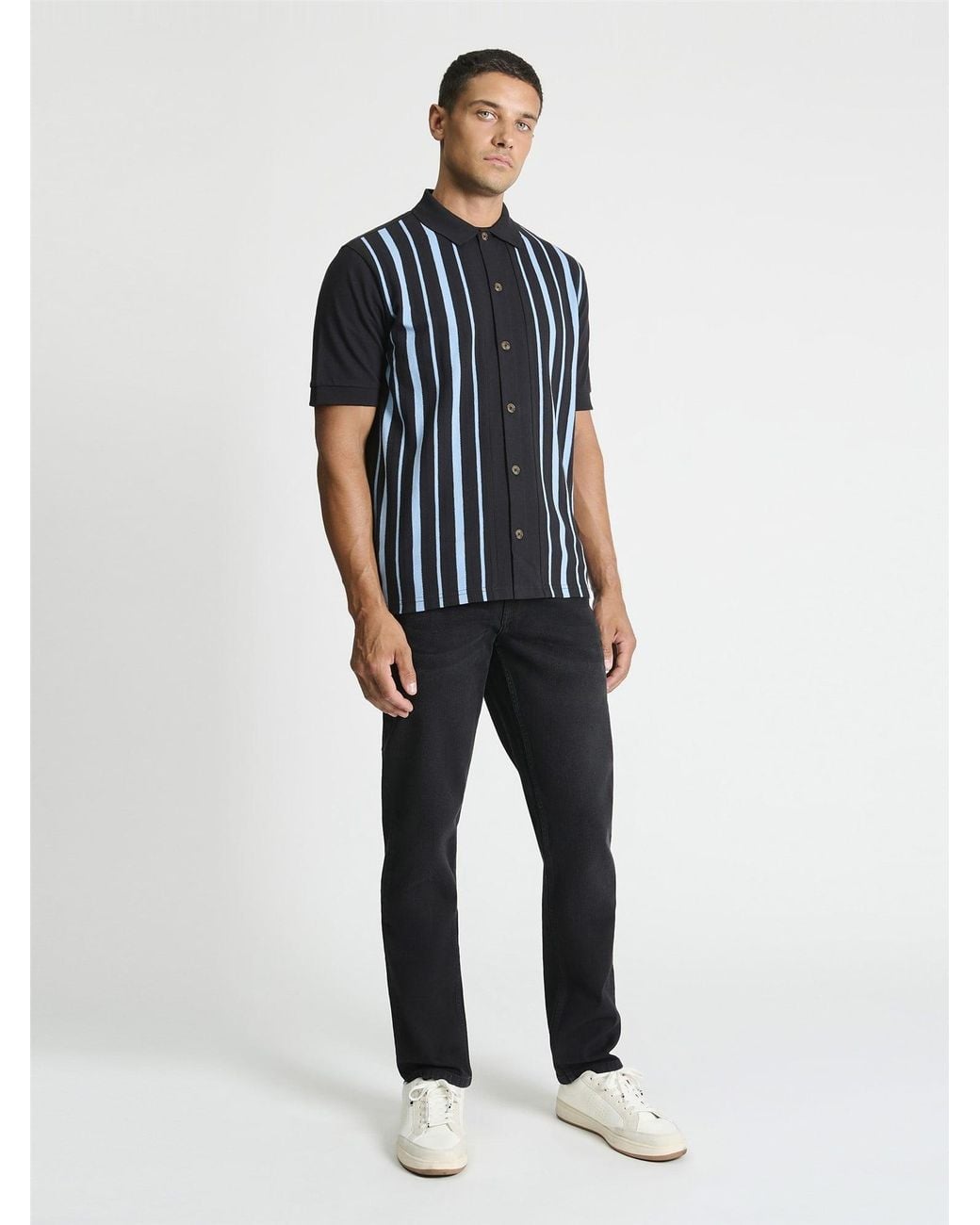 Ben Sherman Blue Button Through Stripe Polo Shirt In Black for men