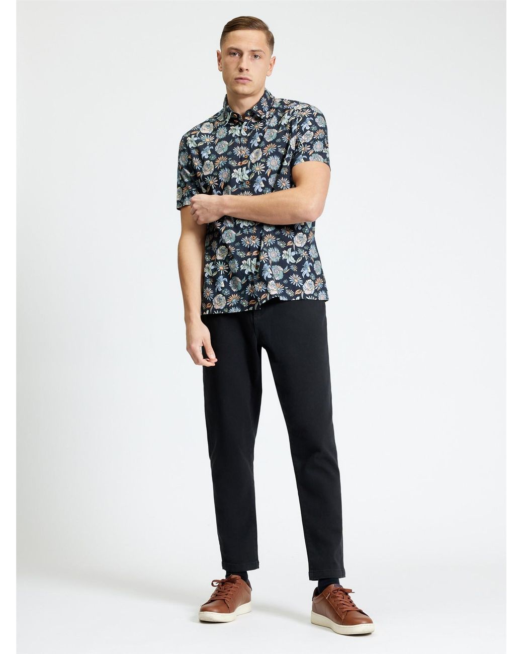 Ben Sherman Blue Short Sleeve Watercolour Floral Print Shirt In Black for men