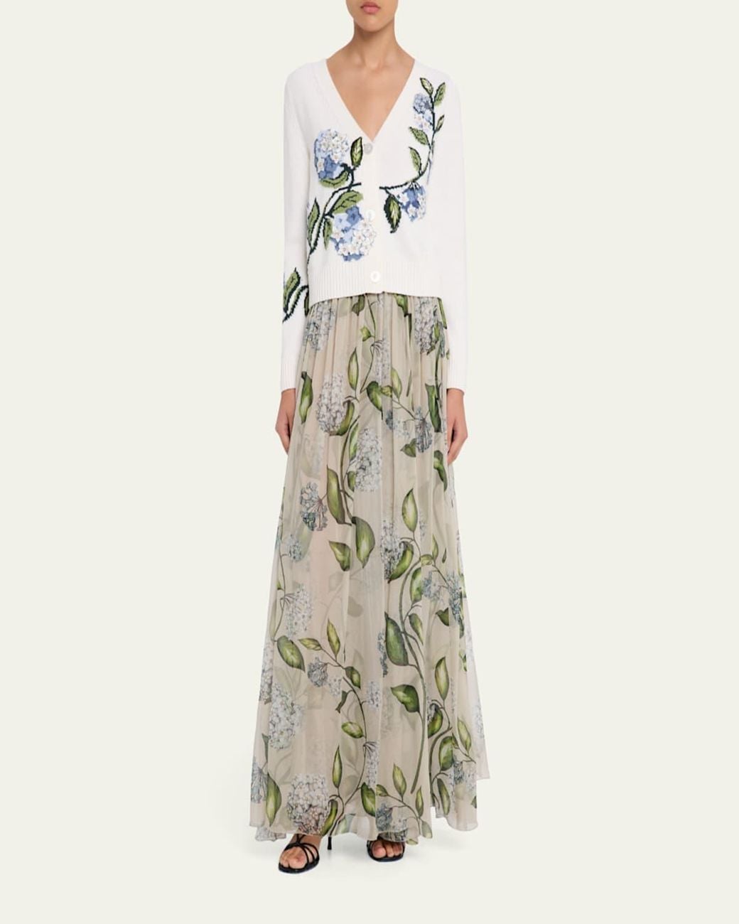 Oscar de la Renta White Porcelain Flower Chiffon Maxi Skirt