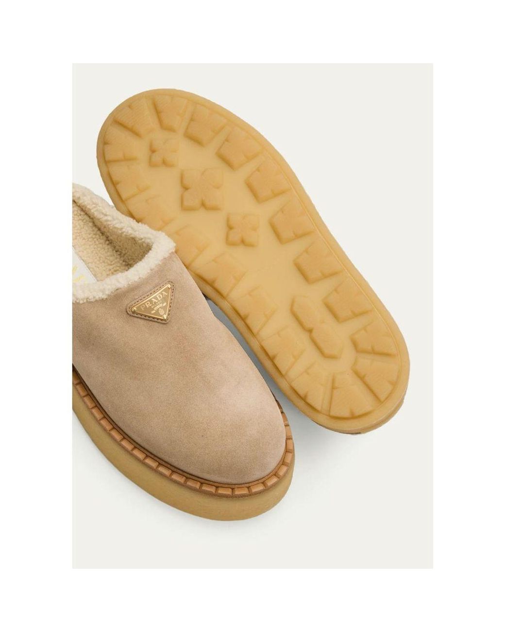 Prada Natural Suede Shearling Cozy Platform Mules