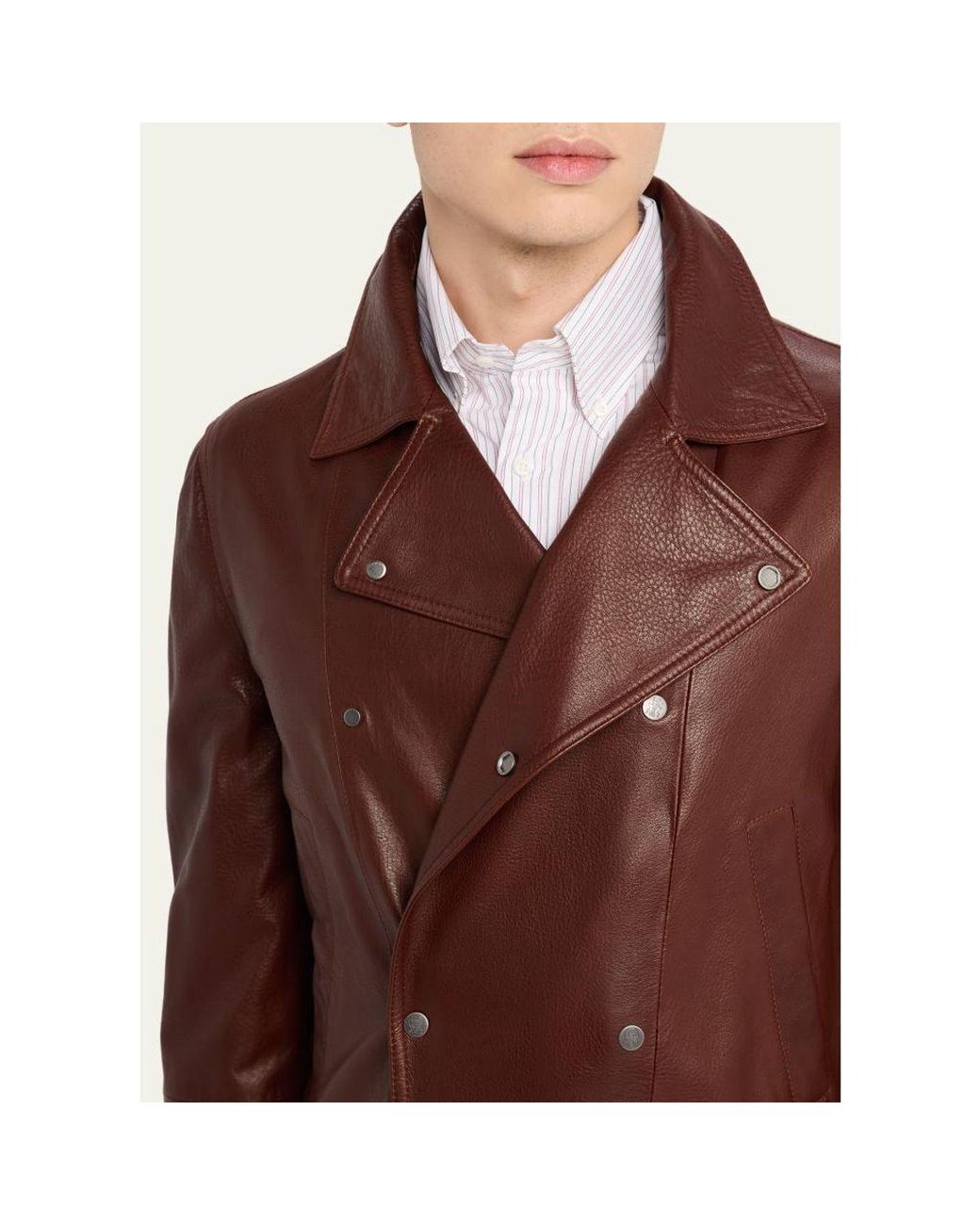 Brunello Cucinelli Brown Double-Breasted Grained Leather Jacket for men