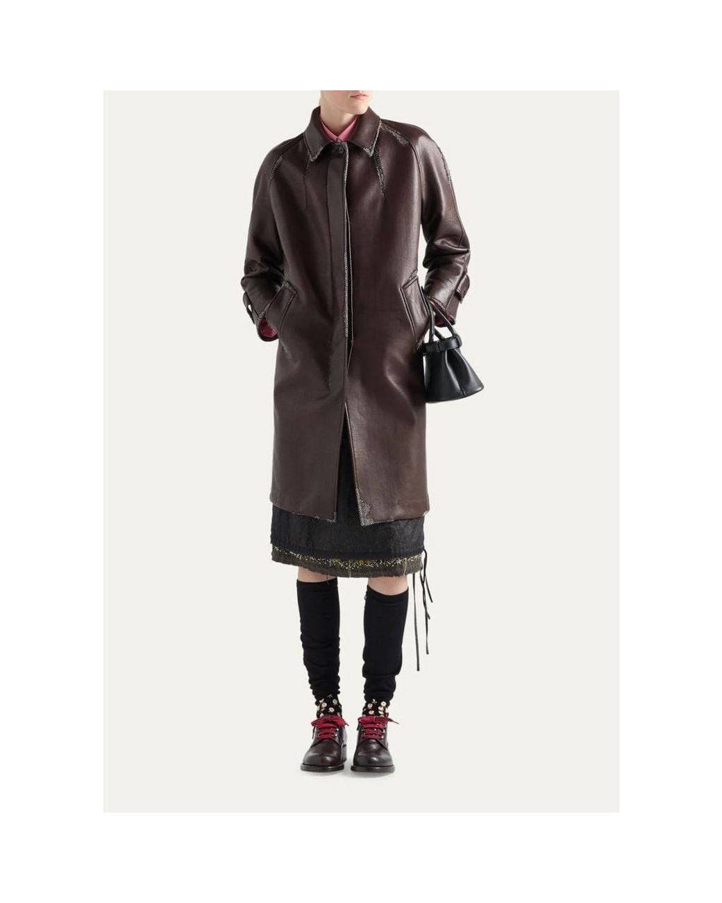 Prada Brown Bonded Leather Houndstooth Long Coat