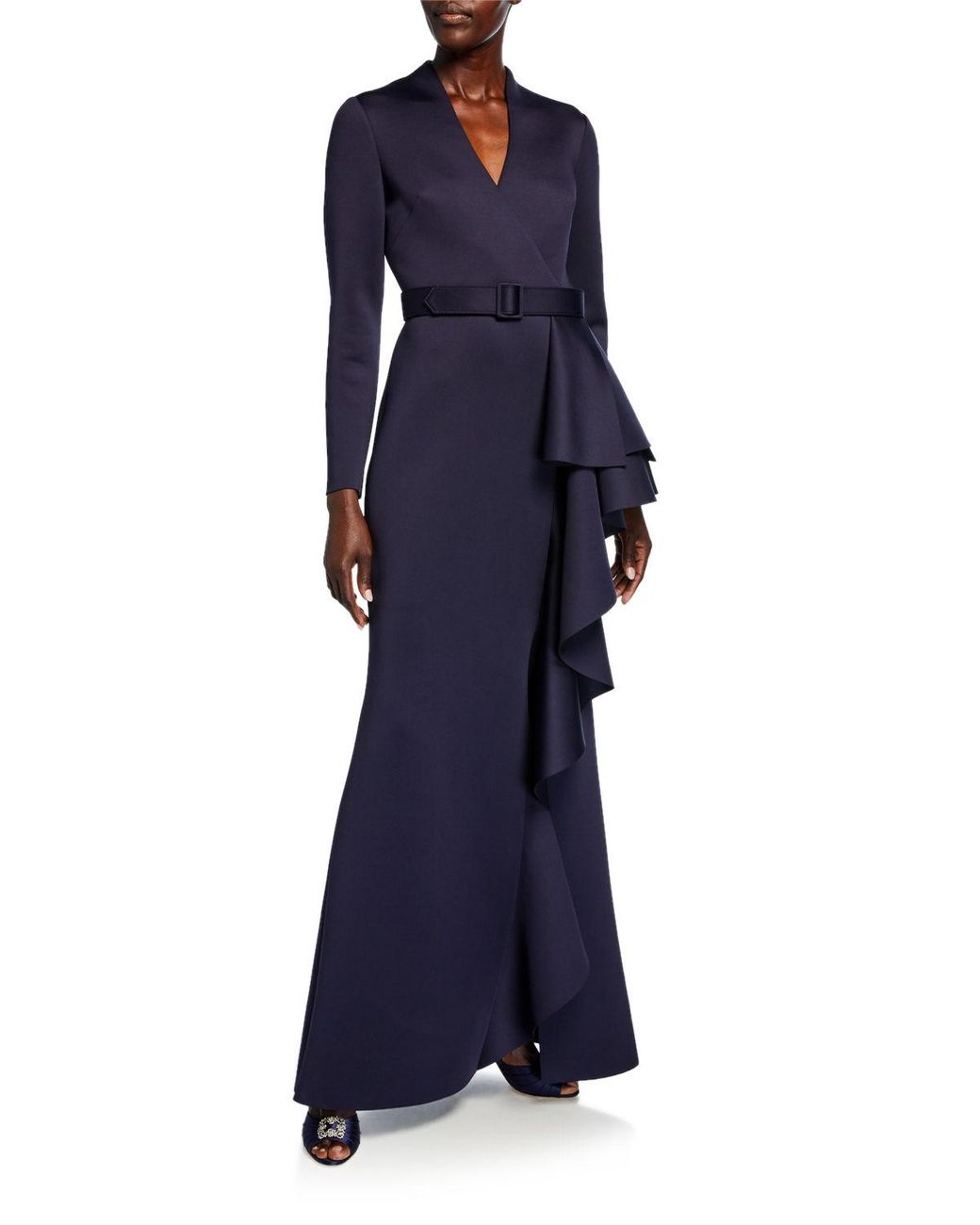 badgley mischka strapless ruffle scuba gown