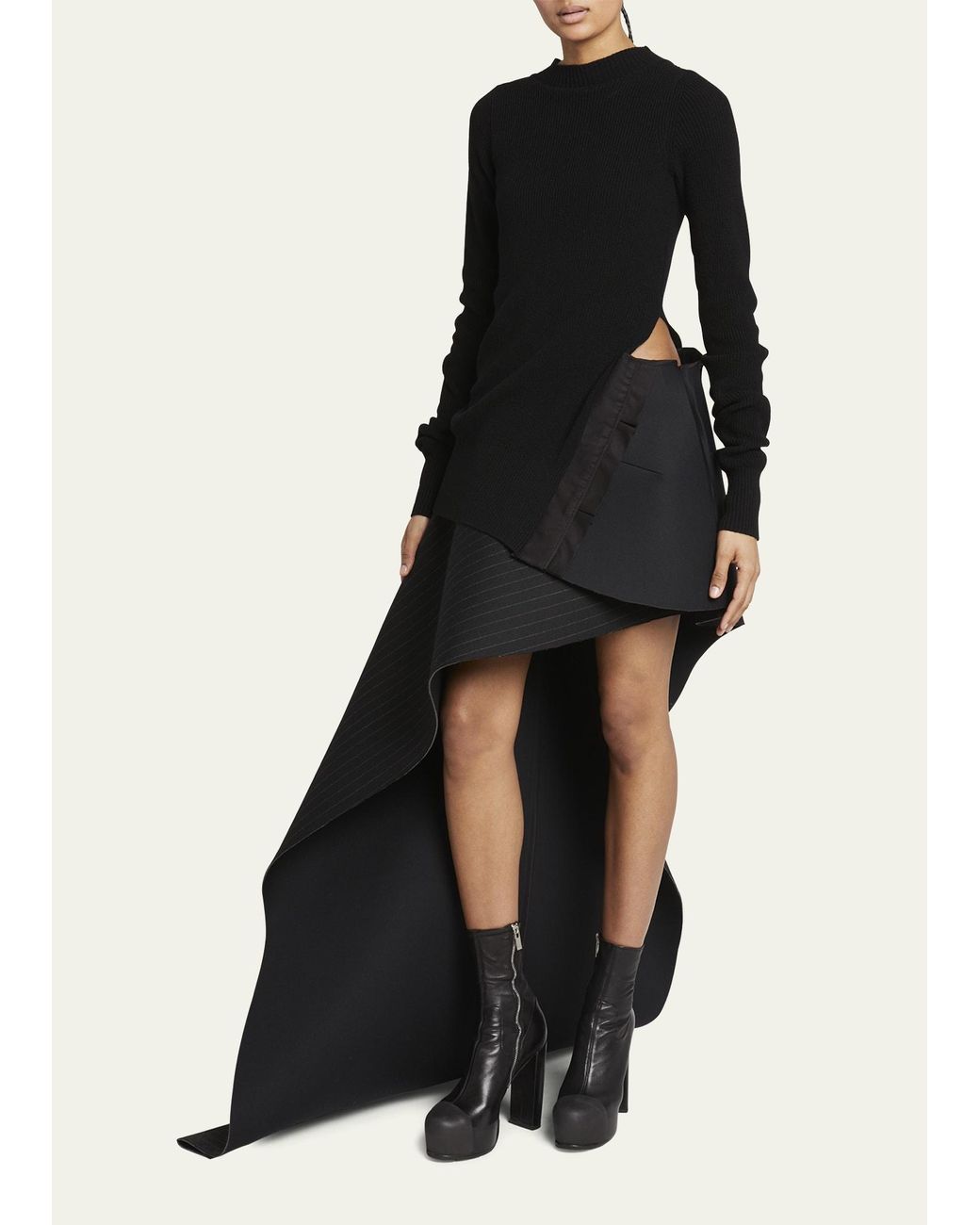 Sacai Chalk Stripe Asymmetric Wool Mini Dress in Black | Lyst