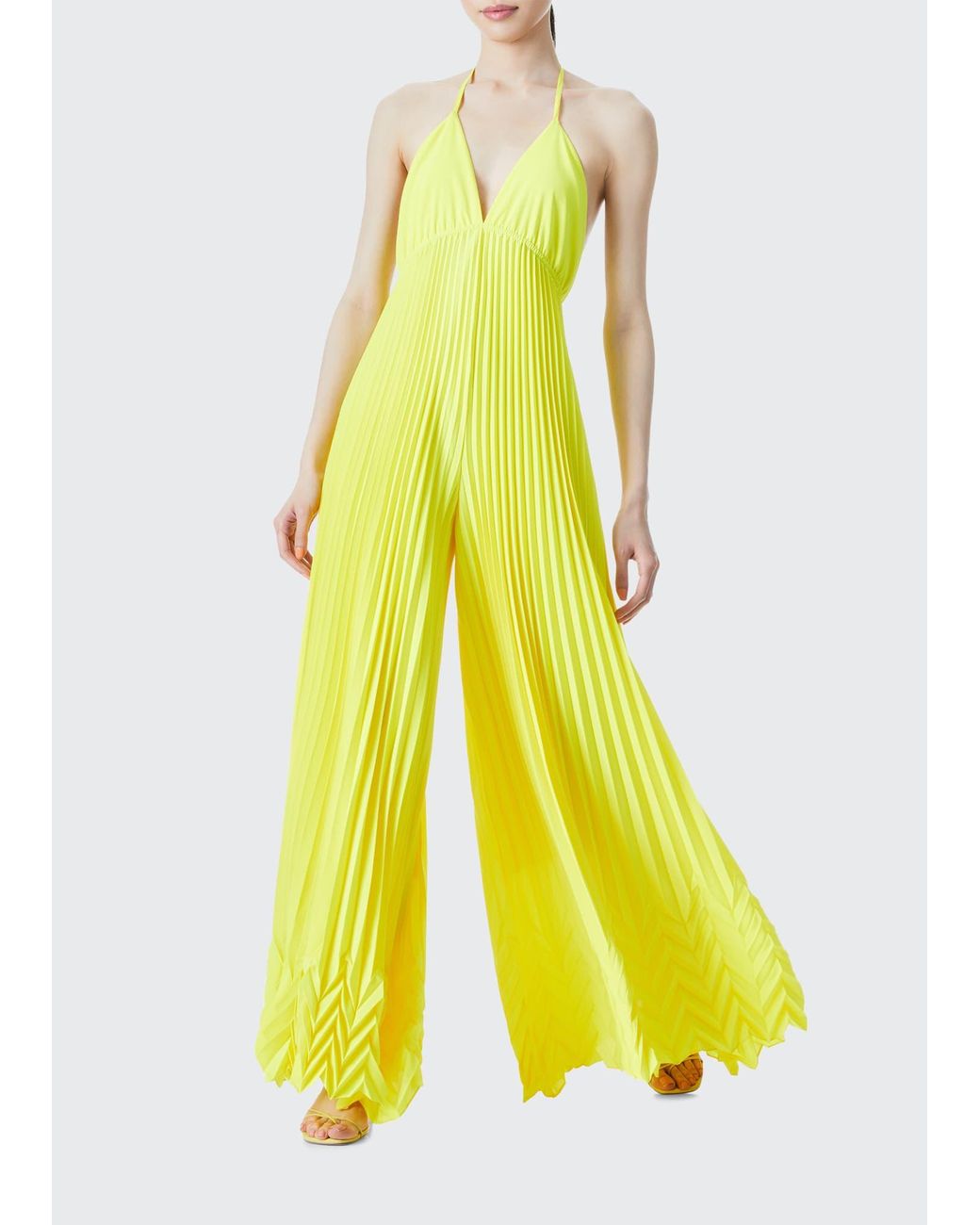 Alice + Olivia Adalyn Pleated Halter Jumpsuit in Yellow Lyst