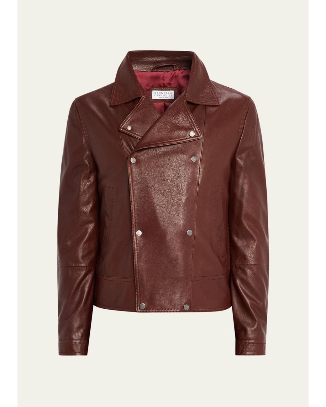 Brunello Cucinelli Brown Double-Breasted Grained Leather Jacket for men