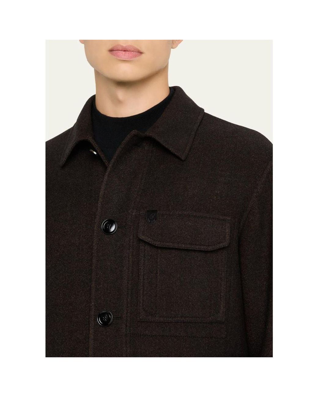 Brioni Black Wool Herringbone Overshirt for men