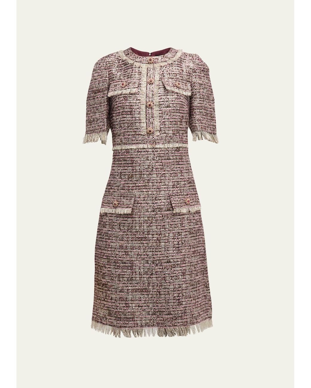 Teri Jon Shimmer Fringe Trim Tweed Dress In Natural Lyst