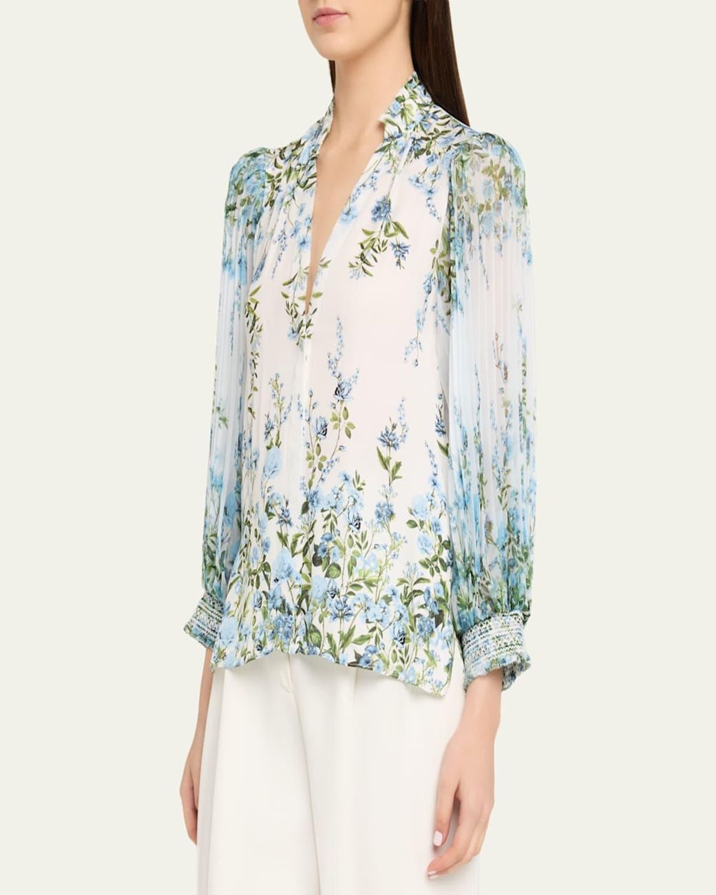 Alice + Olivia Blue Ilan Pleated-Sleeve Blouse
