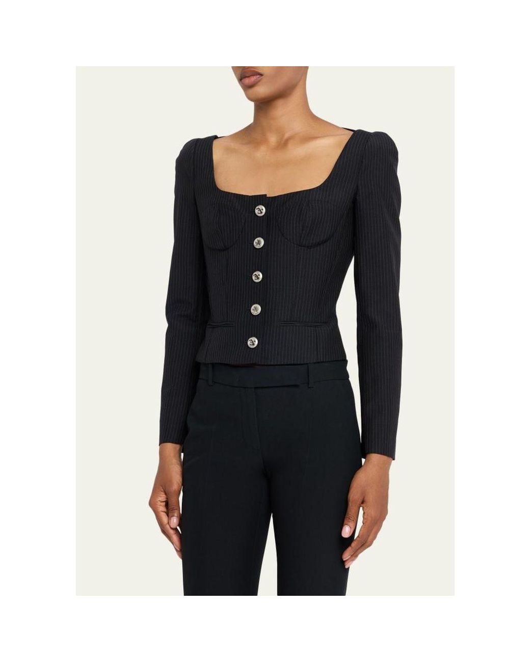 McQueen Blue Square-Neck Pinstripe Bustier Jacket