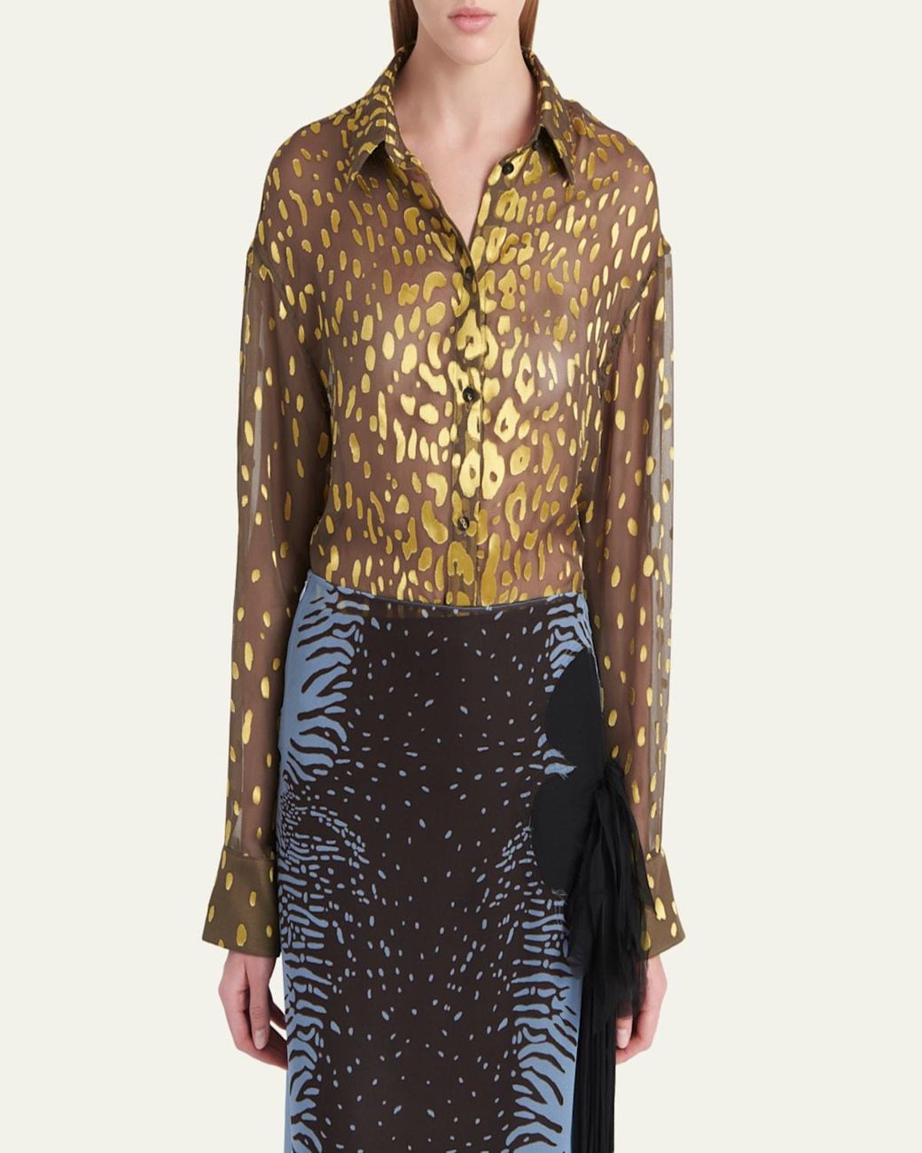 Ferragamo Natural Leopard Devore Button-Down Shirt