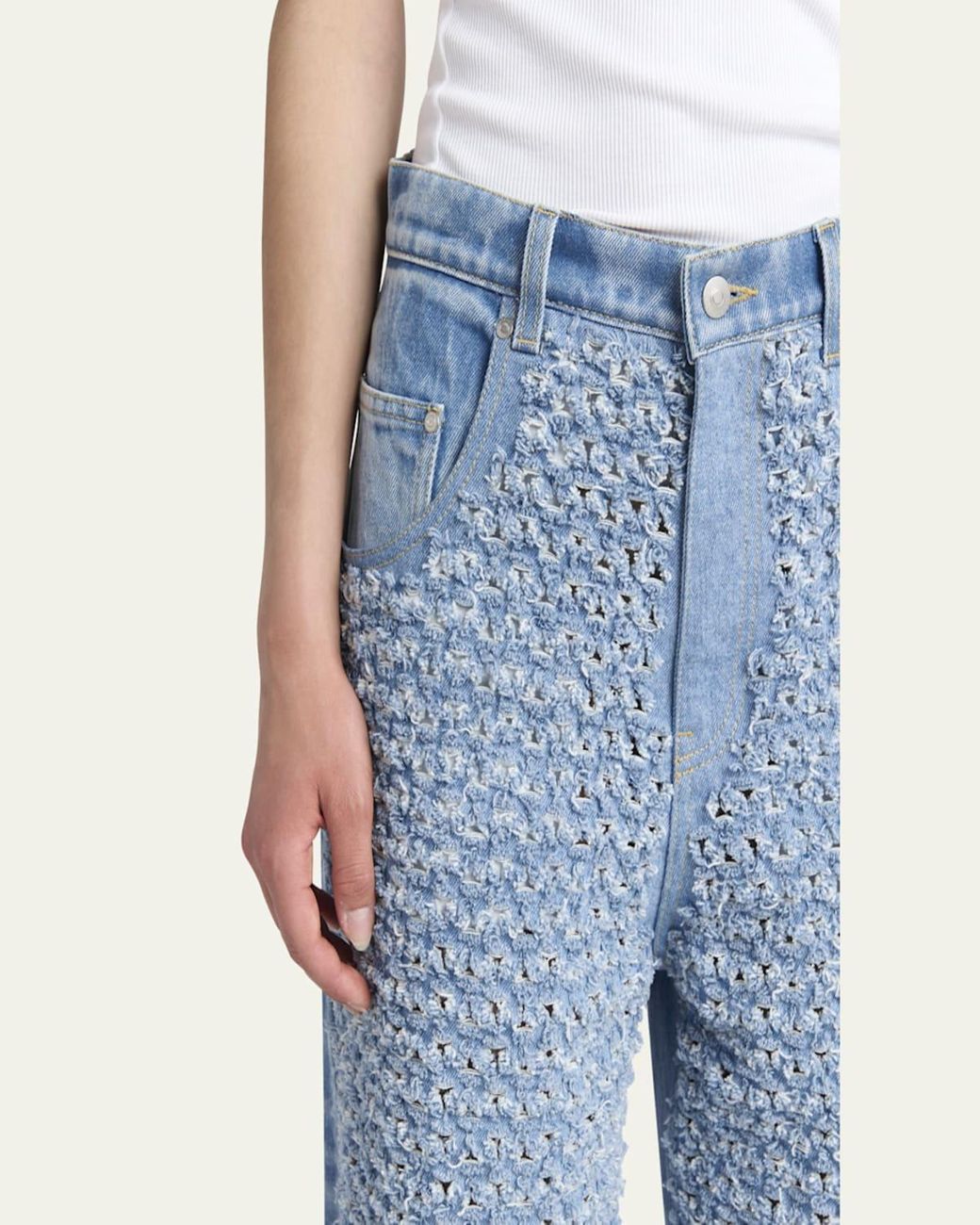 Stella McCartney Distressed Boucle Denim Wide-Leg Jeans in