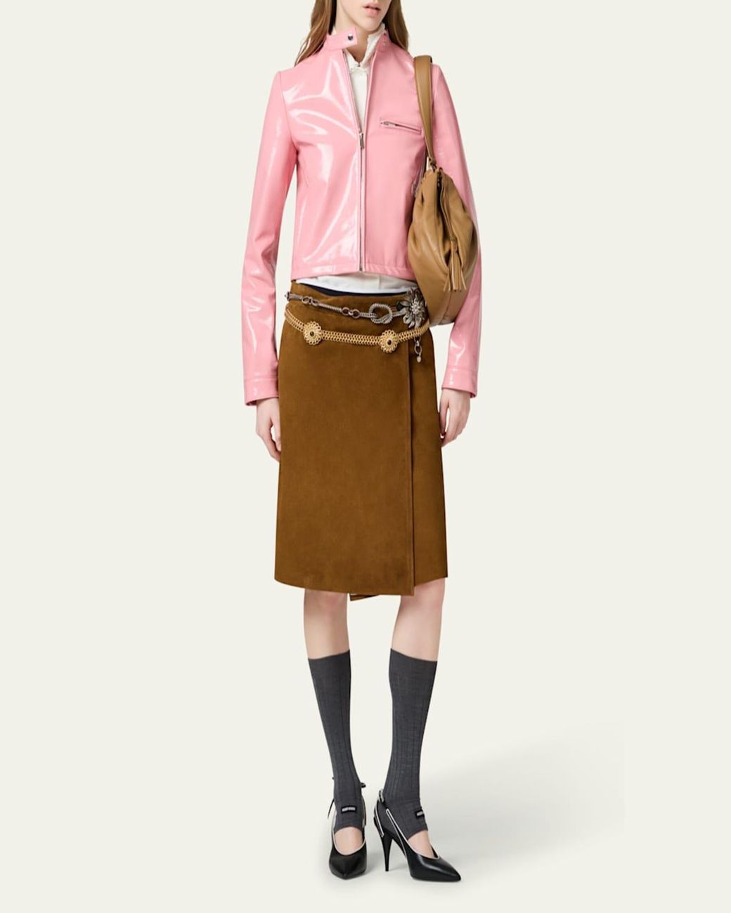 スカート MIU MIU SKIRTS OLIVA Miu Miu Suede Knee-Length Wrap Skirt in Natural | Lyst