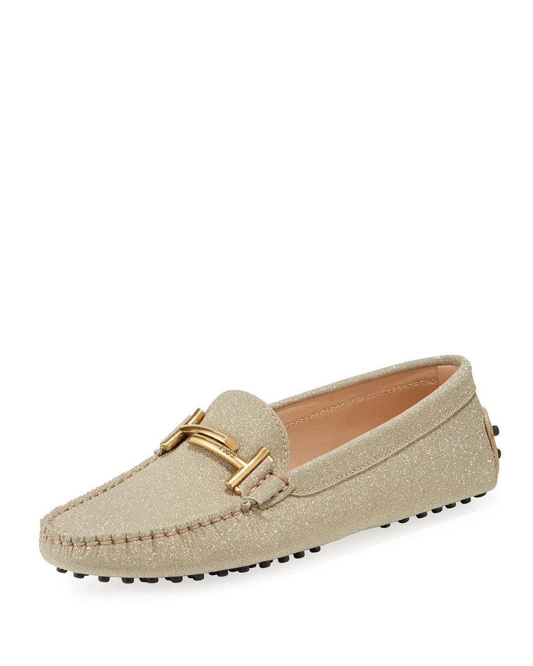 Tod's Double T Glittered Leather Loafers in Gold (Metallic) - Lyst