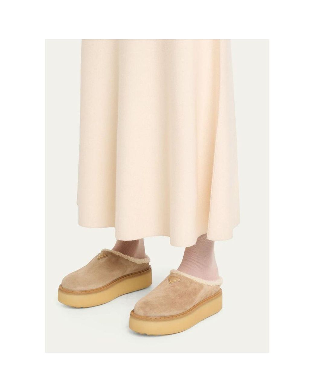 Prada Natural Suede Shearling Cozy Platform Mules