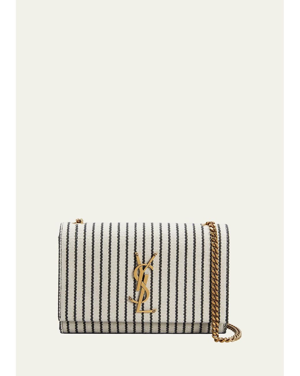 Saint Laurent Kate Small Ysl Striped Canvas Shoulder Bag in White | Lyst