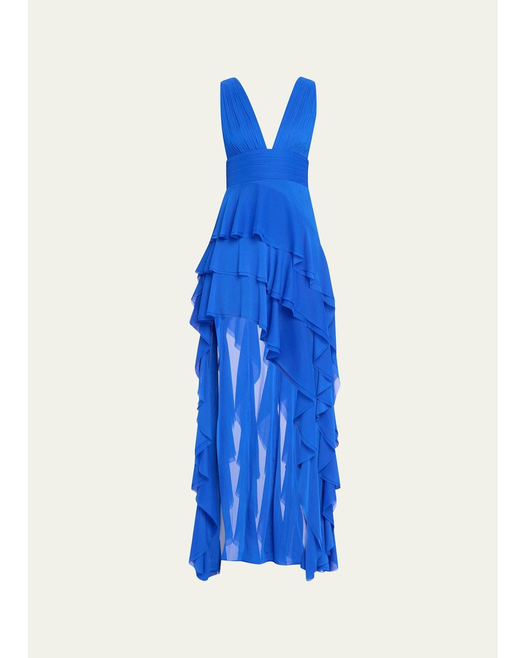 Alice + Olivia Holly Low-neck Asymmetric Ruffle Maxi Dress in Blue | Lyst