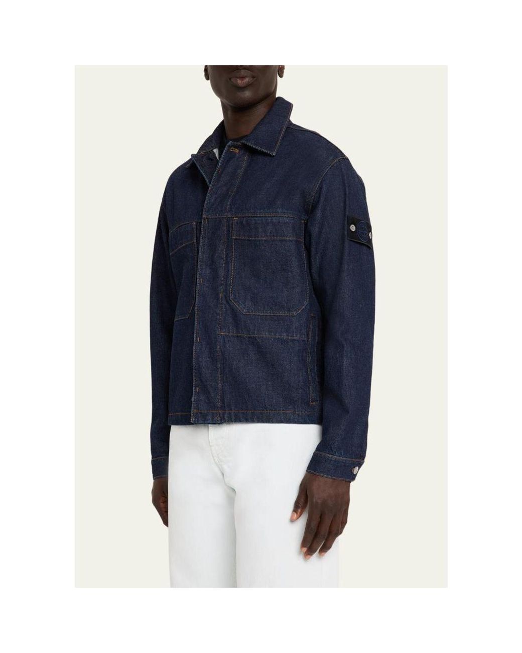 Stone Island Blue Denim Button-Front Biker Jacket for men