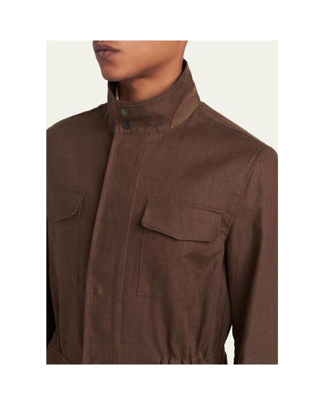 Kiton Brown Linen Flap-Pocket Field Jacket for men