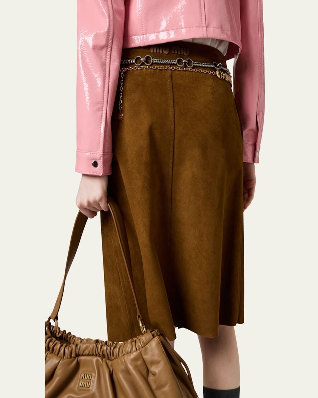 スカート MIU MIU SKIRTS OLIVA Miu Miu Suede Knee-Length Wrap Skirt in Natural | Lyst