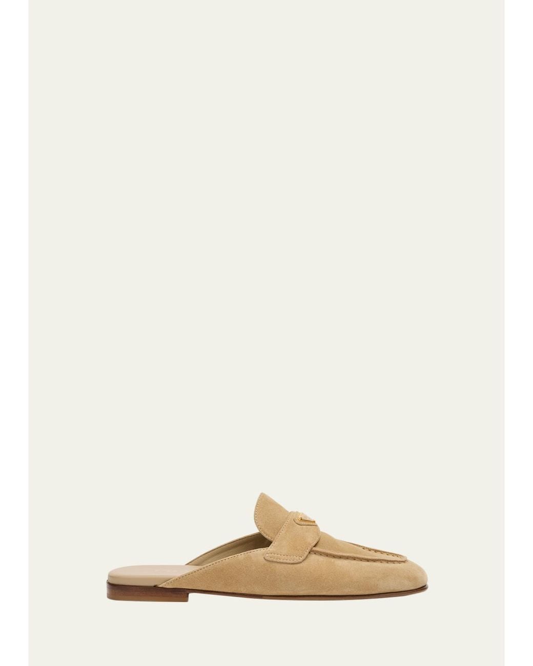 Prada Natural Triangle Logo Suede Loafer Mules