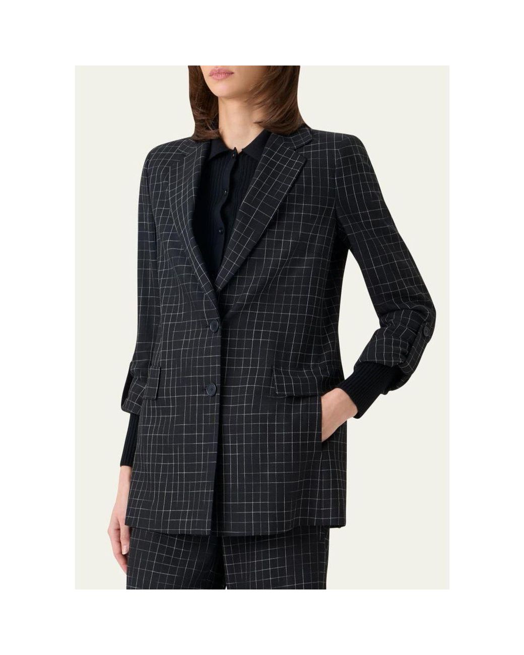 Akris Punto Blue Windowpane Check Single-Breasted Jacket