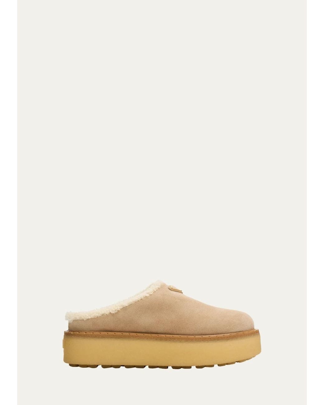 Prada Natural Suede Shearling Cozy Platform Mules