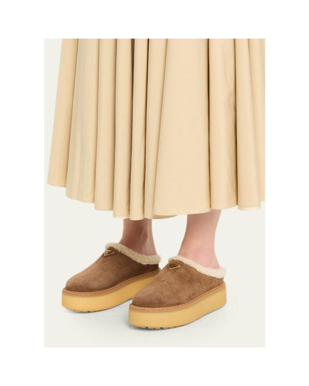 Prada Natural Suede Shearling Cozy Platform Mules