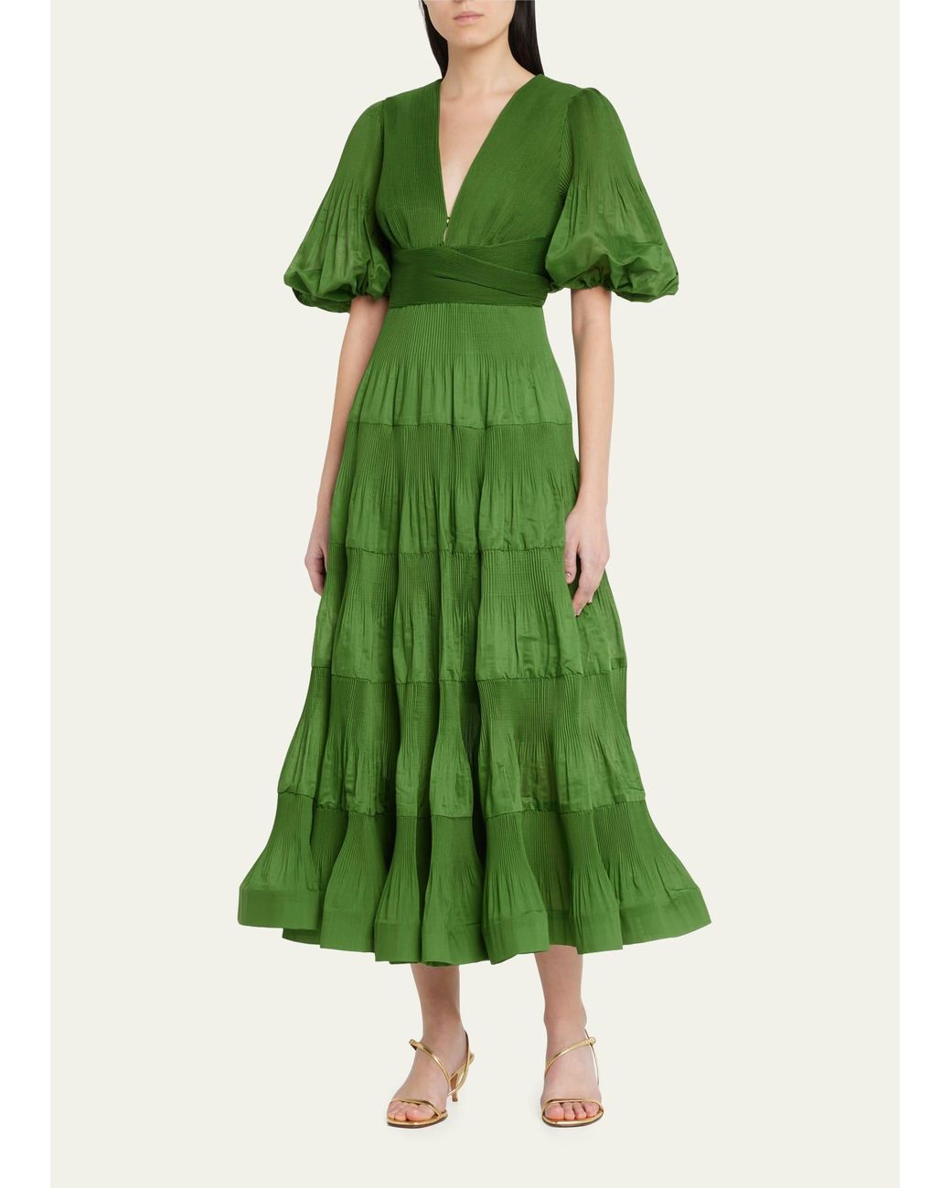 Zimmermann Pleated Tiered Twill Midi Dress in Green