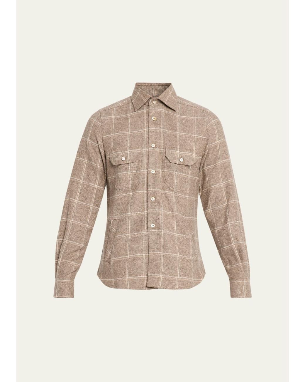 Kiton Natural Cotton Windowpane Double-Pocket Button-Down Shirt for men