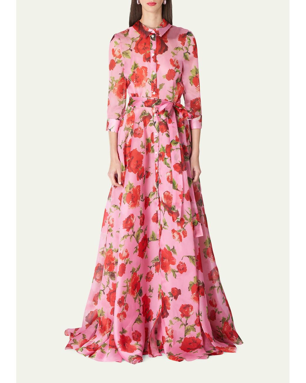 Carolina Herrera Floral Print Trench Gown With Tie Belt in Red | Lyst