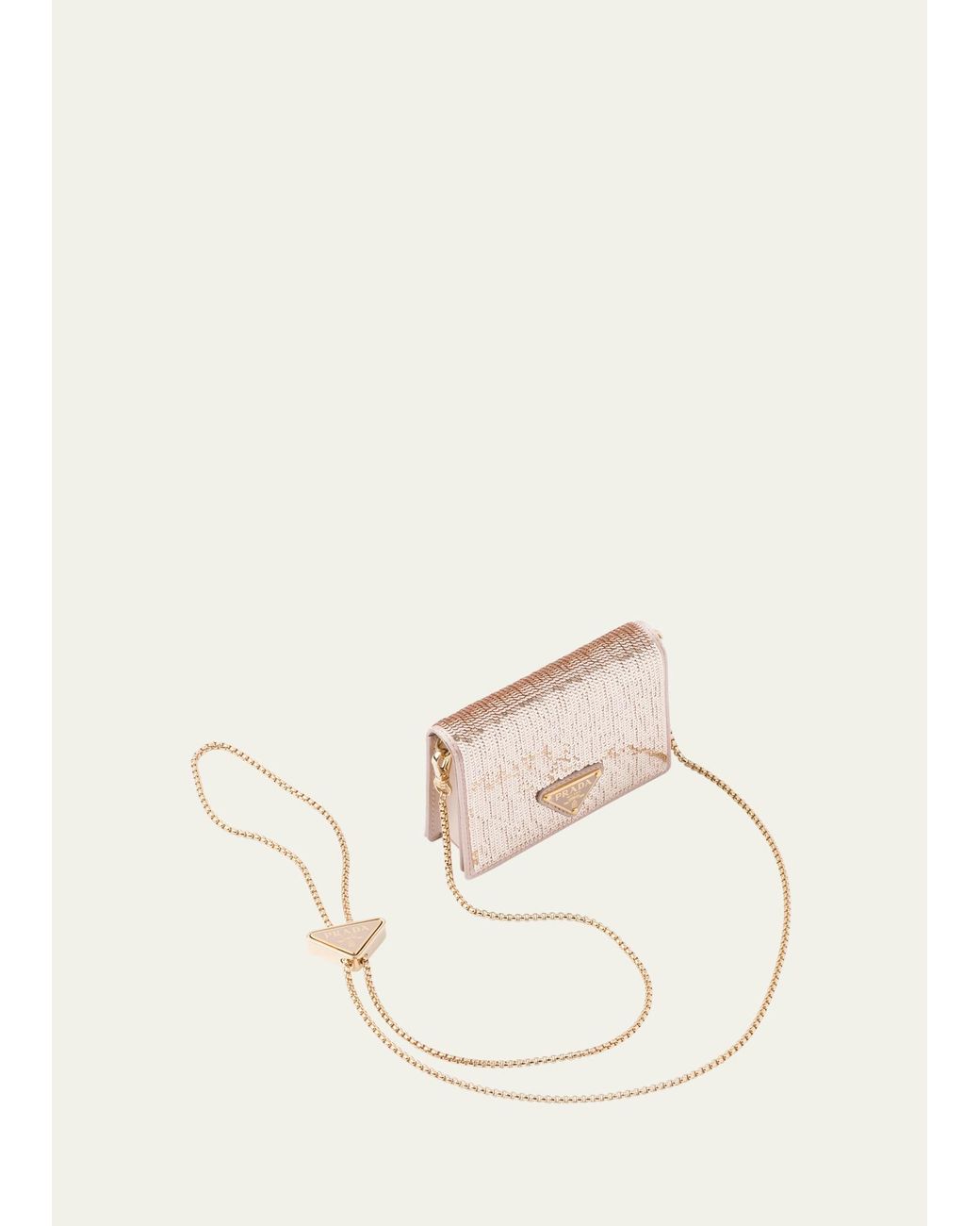 Prada Triangle Logo Sequin Card Holder With Chain Strap in Natural Lyst