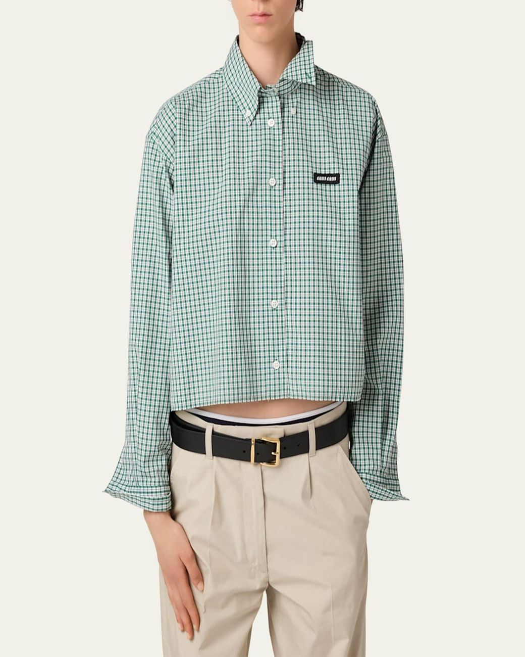 Miu Miu Check Cropped Button-Front Shirt in Blue | Lyst Miu Miu Check Cropped Button-Front Shirt in Blue | Lyst