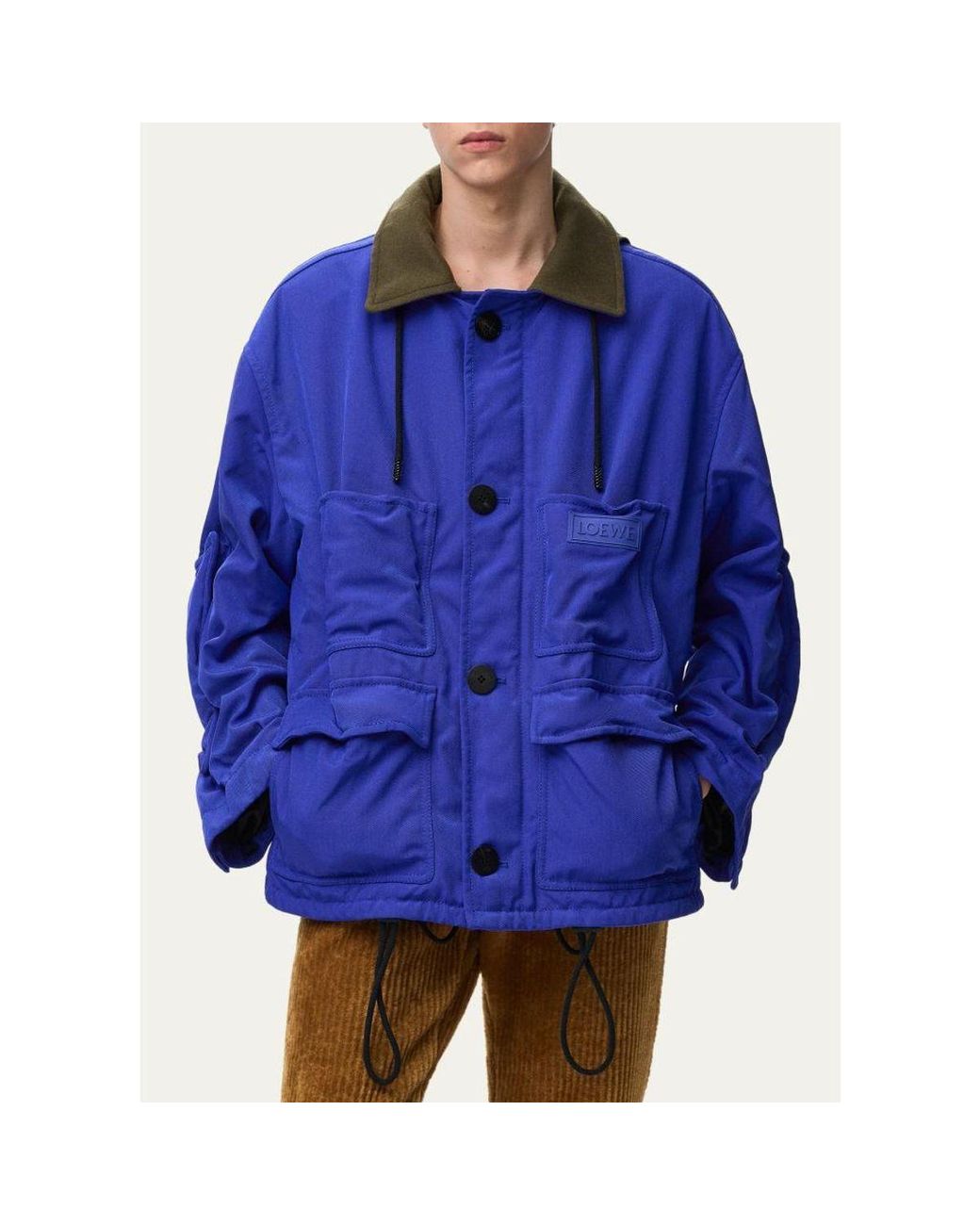 Loewe Leather Collar Check-Lined Hooded Parka in Blue for Men | Lyst