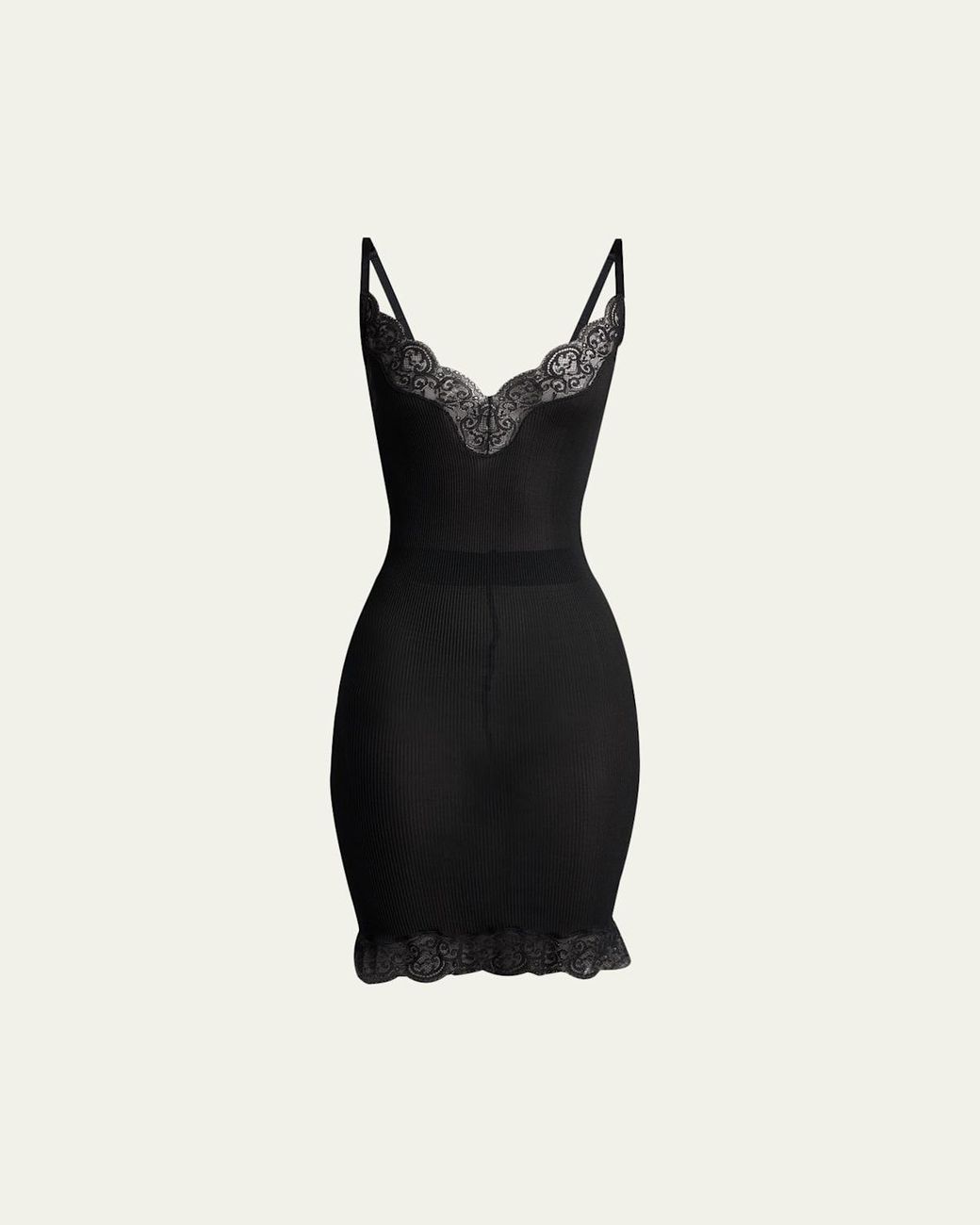 Saint Laurent Lace-Trim Ribbed Mini Tank Dress in Black | Lyst