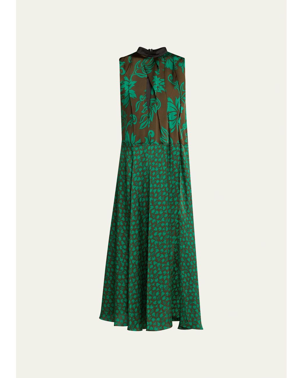 Sacai Floral-print Pleated Maxi Dress in Green | Lyst