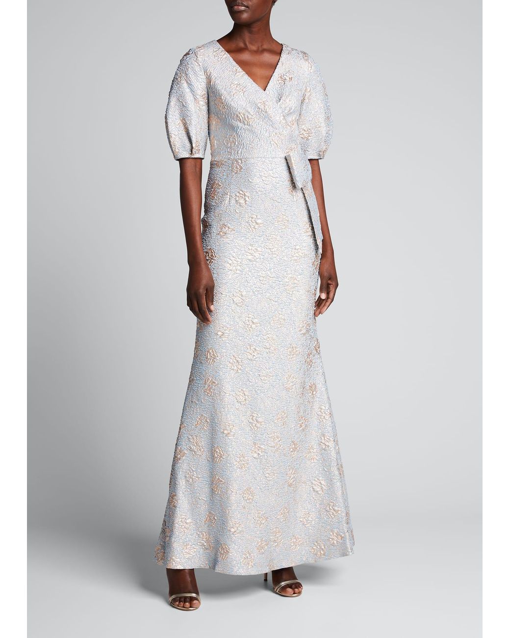 Teri Jon Puffsleeve Jacquard Mockwrap Gown in Gray Lyst