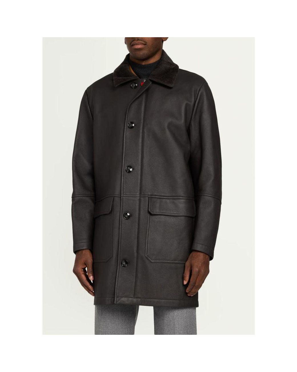 Kiton Black Shearling Mid-Length Car Coat for men