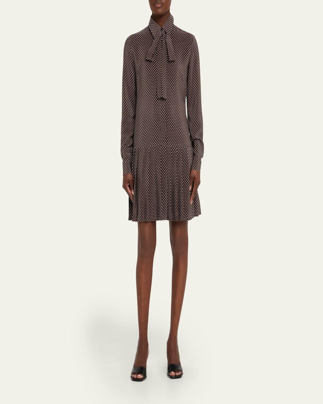 Michael Kors Polka-Dot Silk Pleated Drop-Waist Bow Mini Shirtdress in Brown  | Lyst
