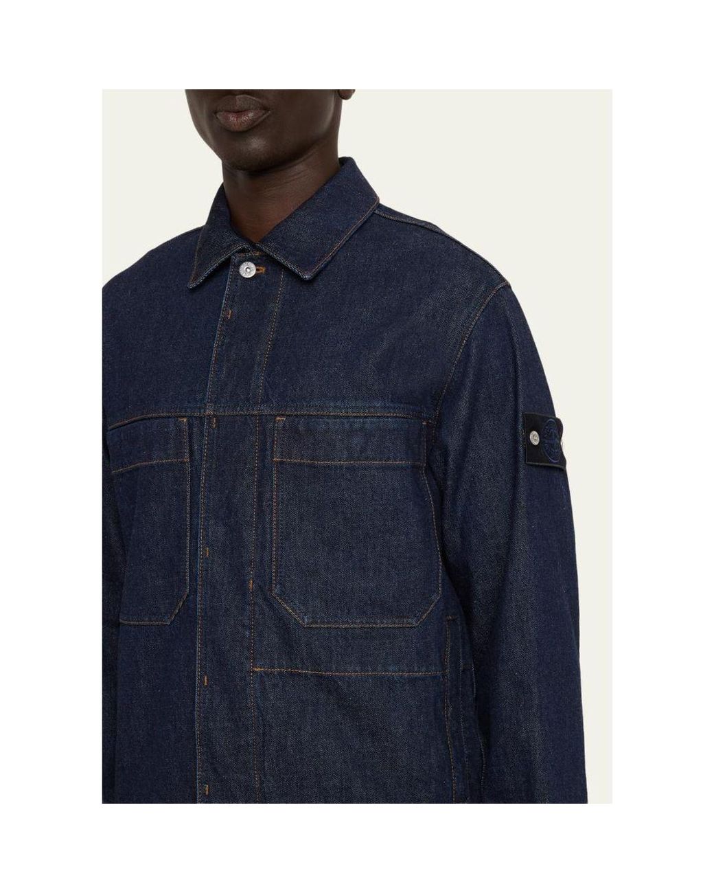 Stone Island Blue Denim Button-Front Biker Jacket for men