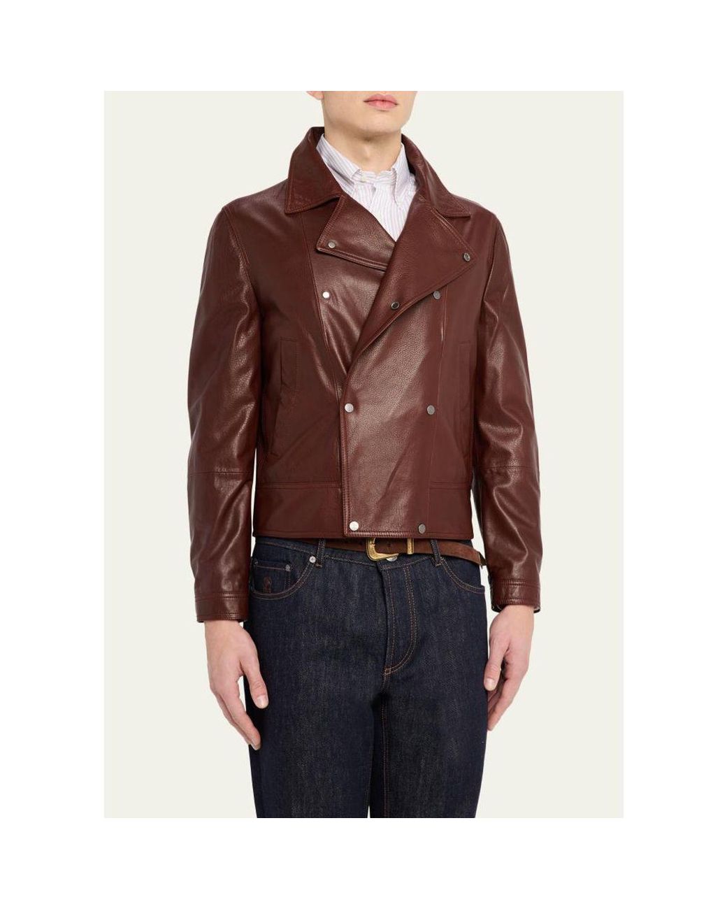 Brunello Cucinelli Brown Double-Breasted Grained Leather Jacket for men