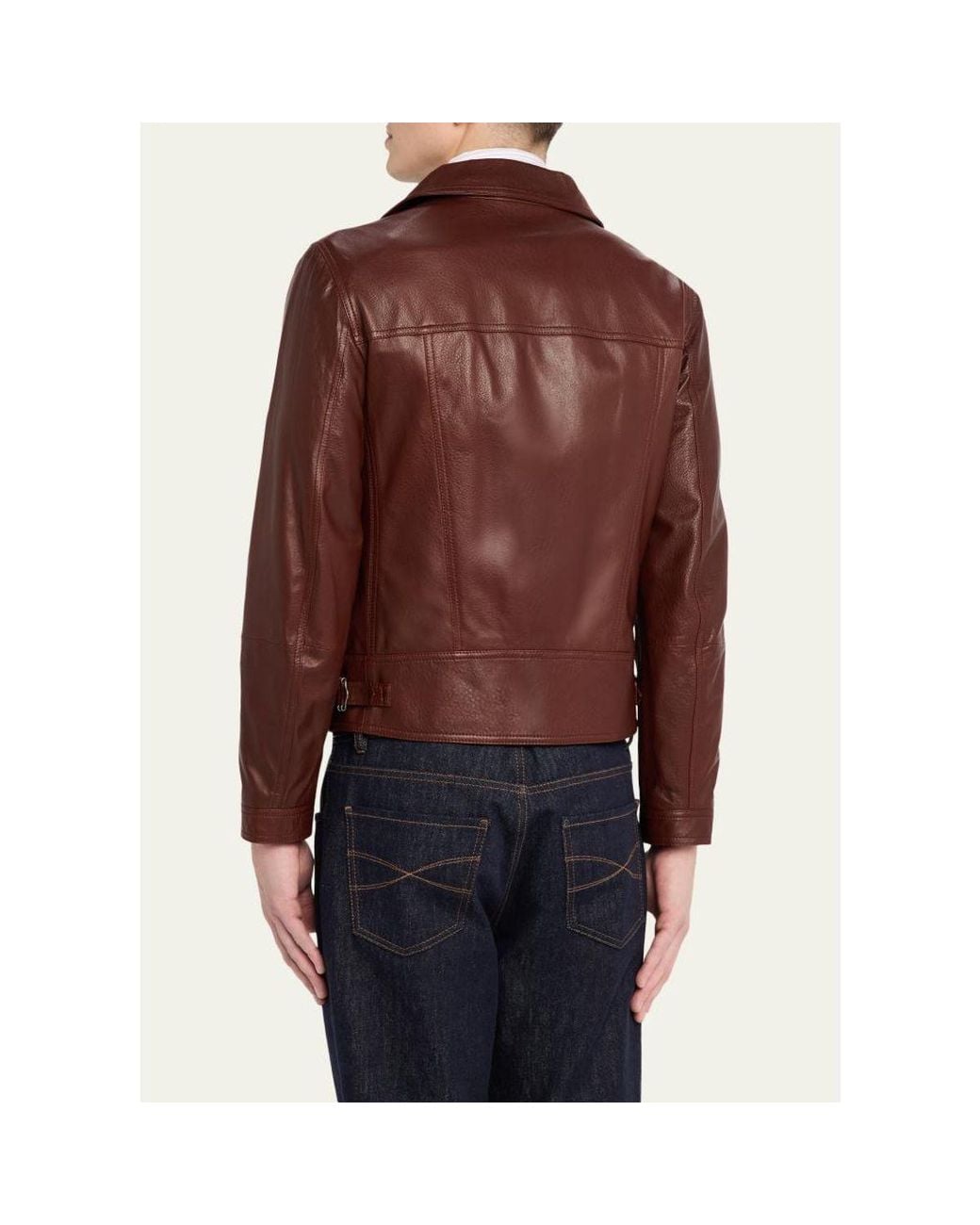 Brunello Cucinelli Brown Double-Breasted Grained Leather Jacket for men