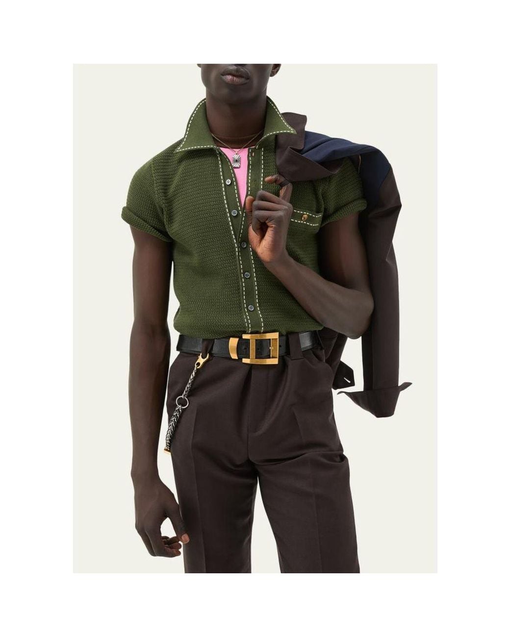 Versace Green Cotton Knit Button-Down Sweater for men