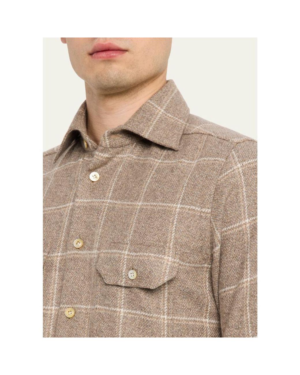 Kiton Natural Cotton Windowpane Double-Pocket Button-Down Shirt for men