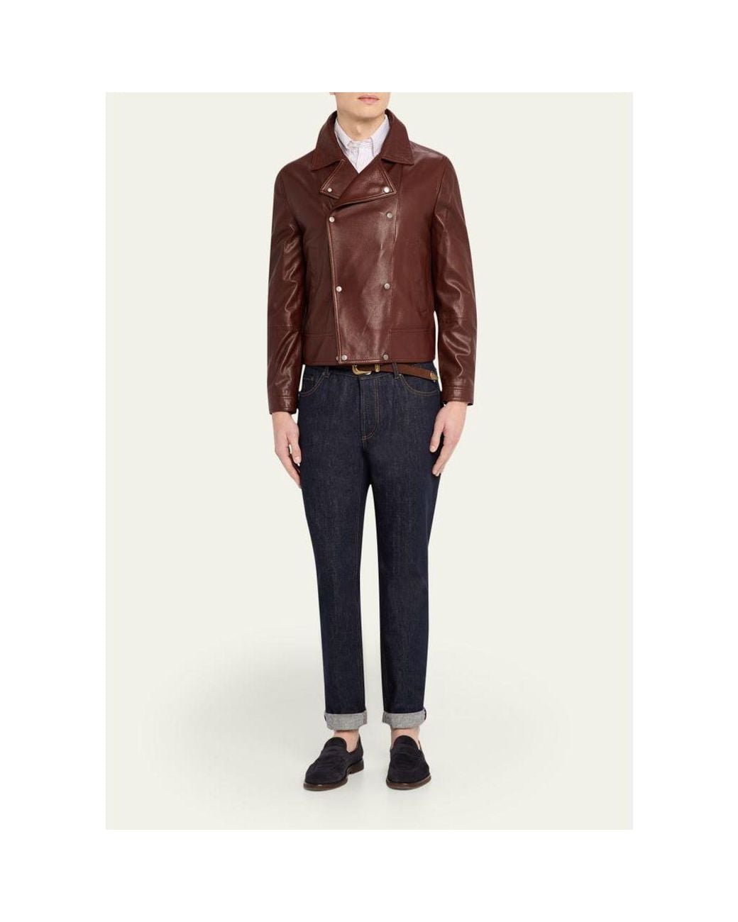 Brunello Cucinelli Brown Double-Breasted Grained Leather Jacket for men