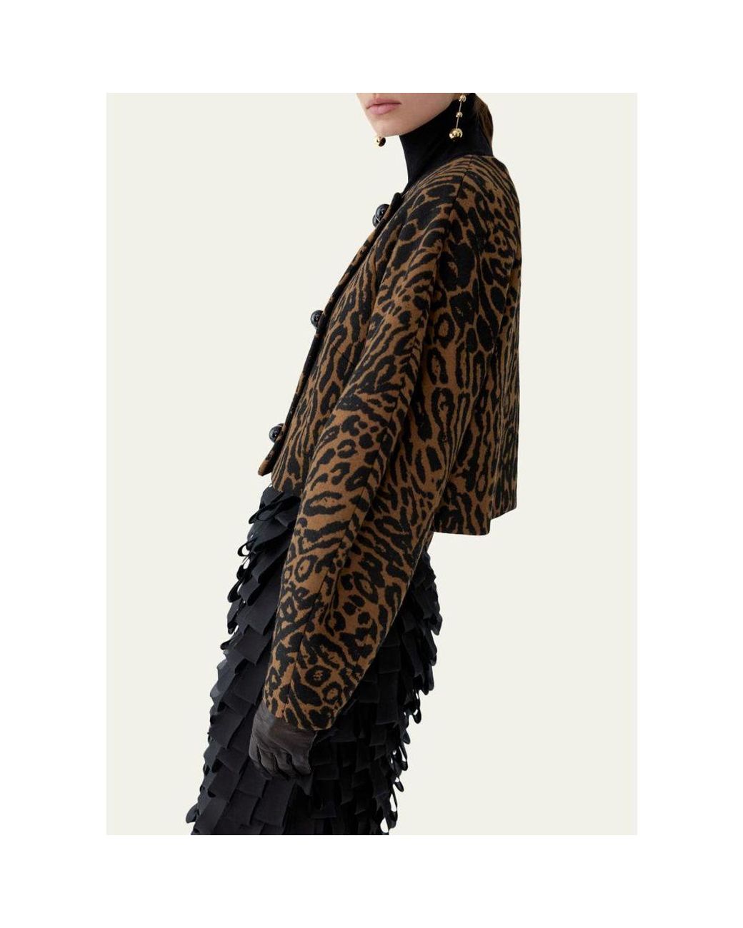 Carolina Herrera Black Wool Leopard Short Cocoon Jacket