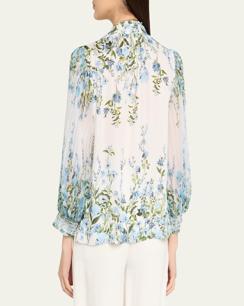 Alice + Olivia Blue Ilan Pleated-Sleeve Blouse