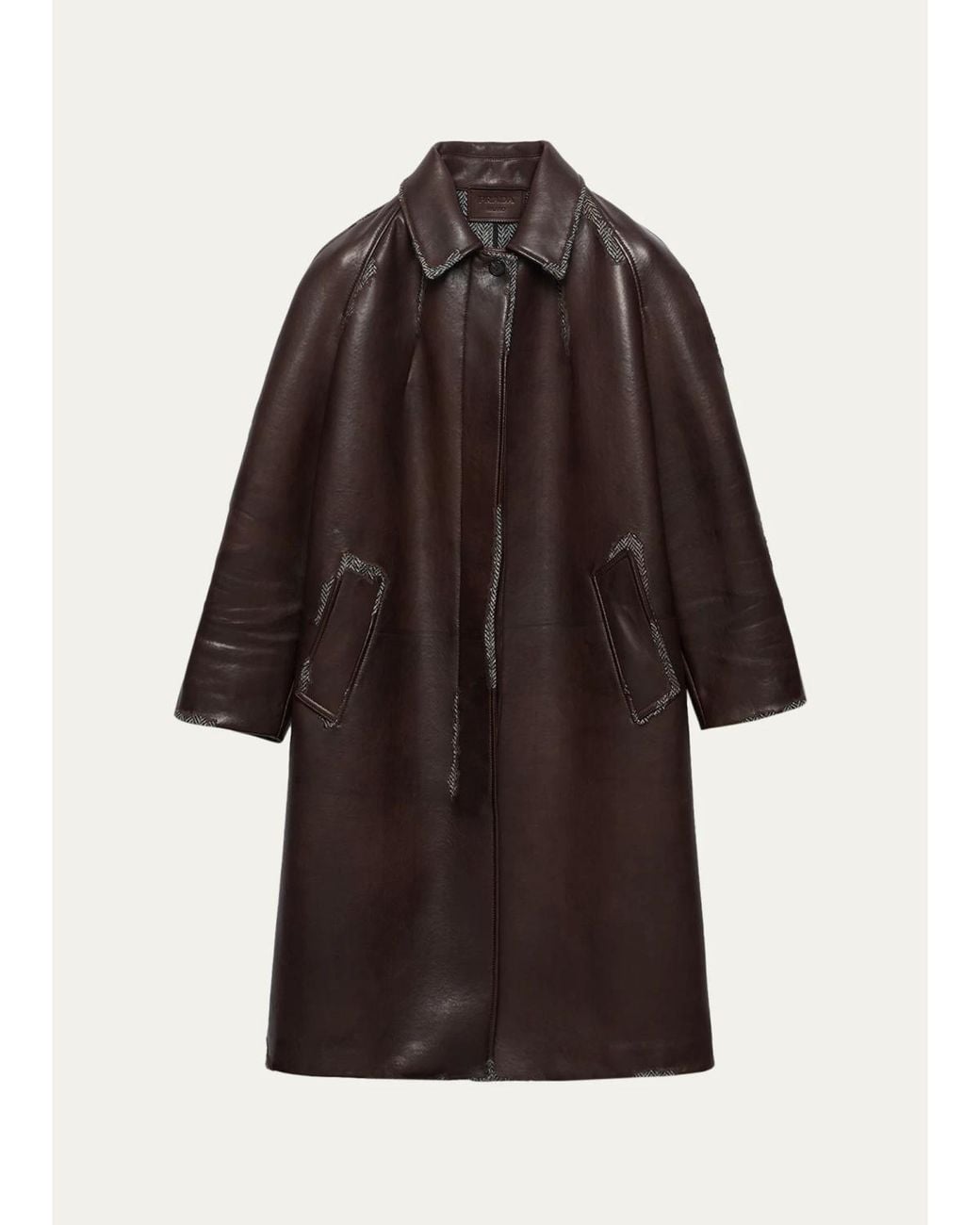 Prada Brown Bonded Leather Houndstooth Long Coat