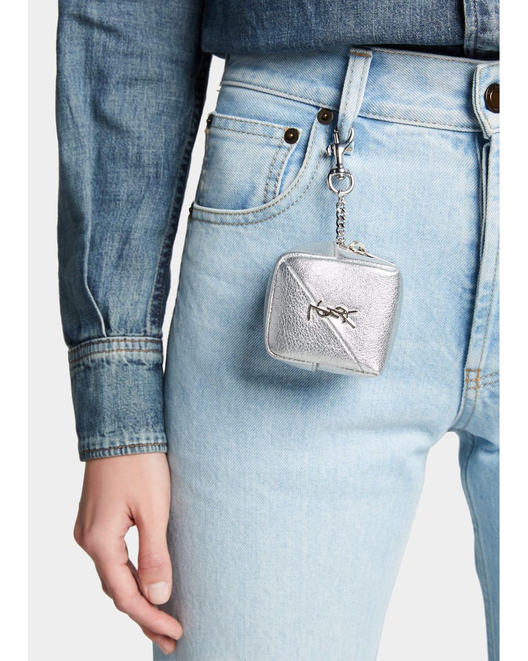 Saint Laurent Jamie Ysl Leather Square Pouch Key Chain Charm in Gray